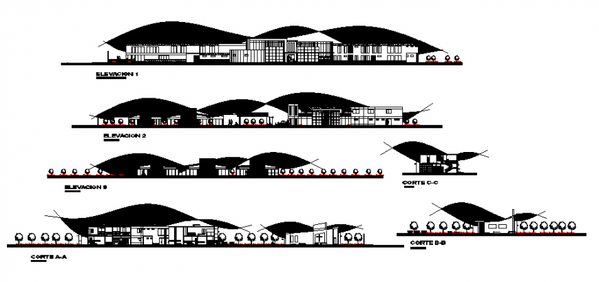 All sided elevation and sectional details of city center shopping mall dwg file
