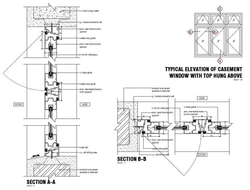 Aluminium frame casement window installation details dwg file