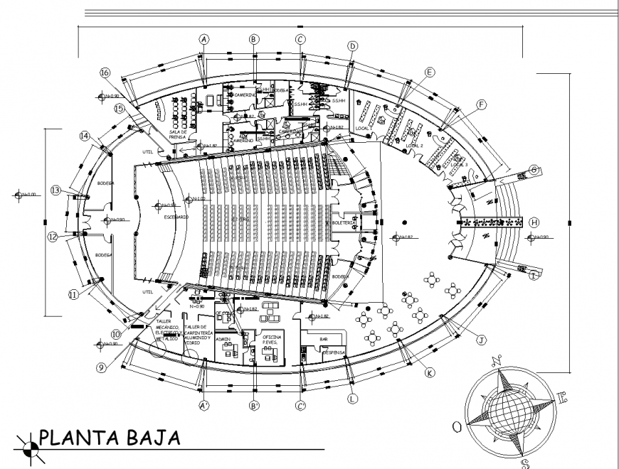 Amphitheater layout drawing in dwg file.