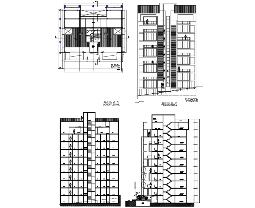 Apartment housing building main elevation, longitudinal and transverse section with roof top dwg file
