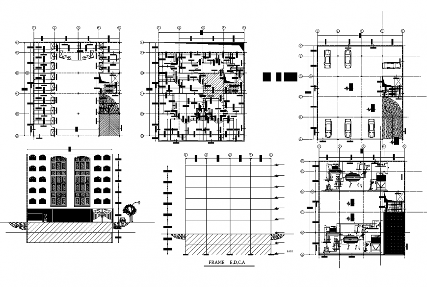 Architectural commerce building structure detail elevation and plan layout dwg file