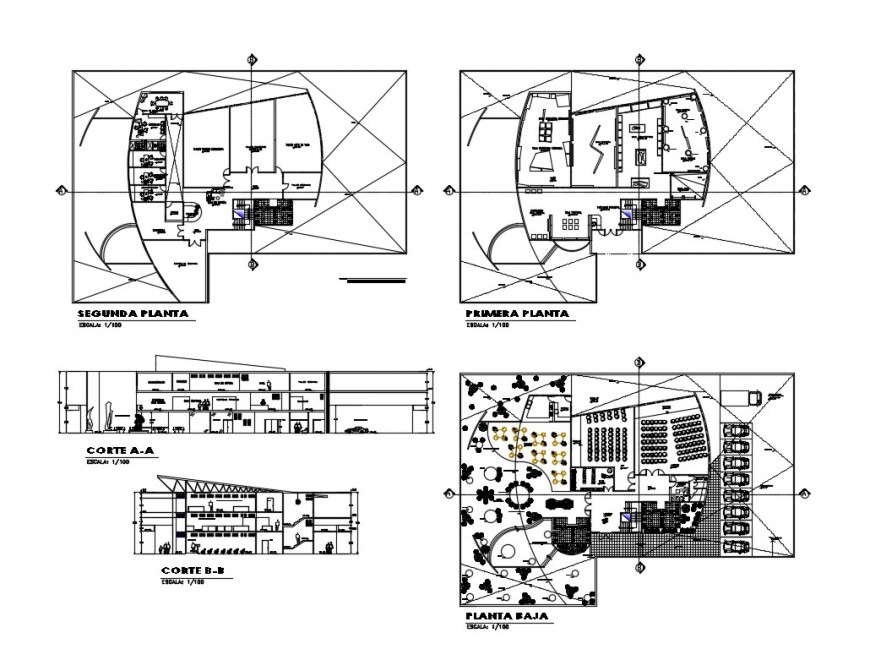 Art museum front and back section and floor plan cad drawing details dwg file