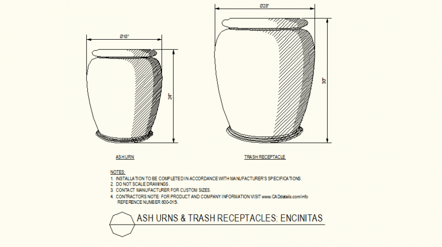 Ash urns and trash receptacles circular side detail layout file