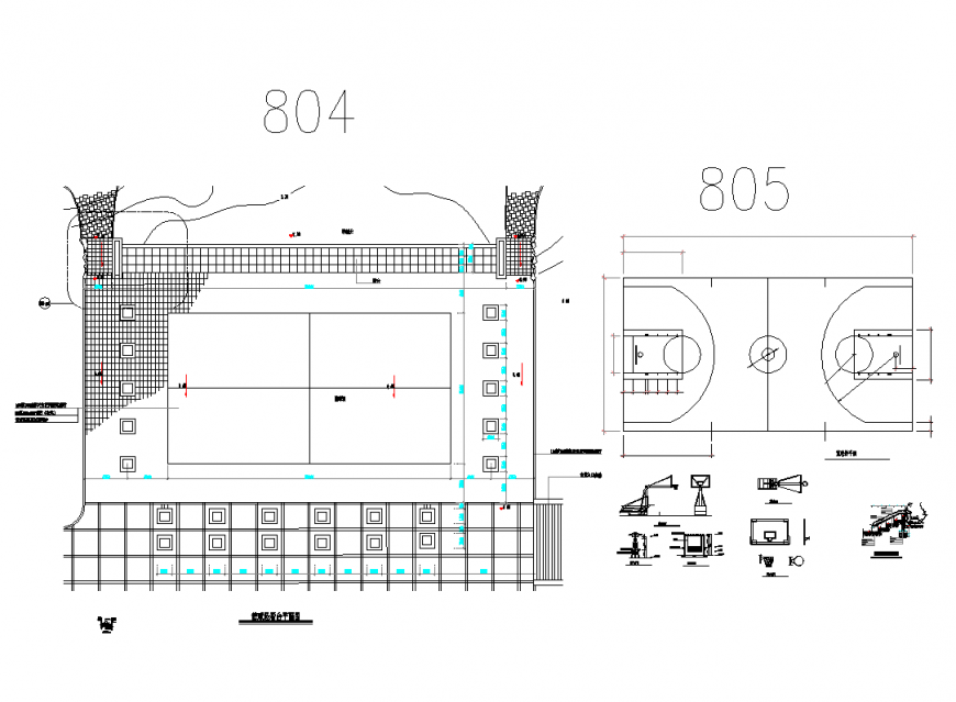Basket ball court stand detail with plan for sport center dwg file