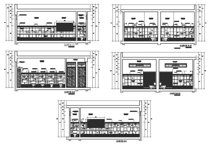Bathrooms different section view in auto cad file