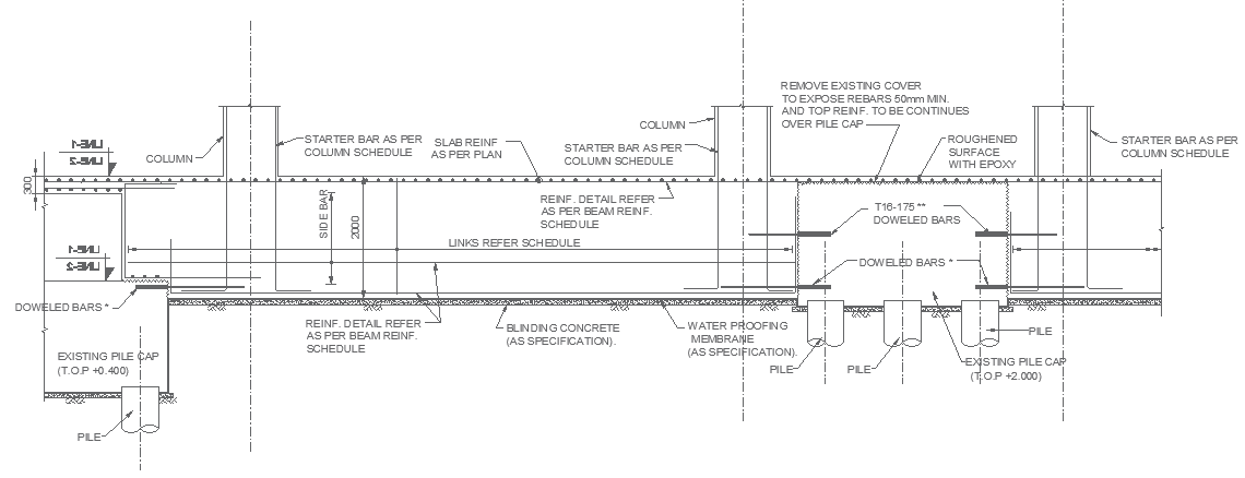beam details with waterproofing ceiling details and column schedule dwg autocad drawing .