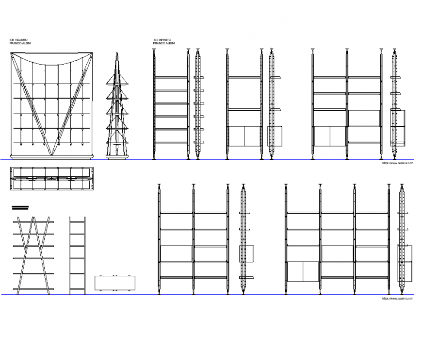 Bookcase elevation and section plan dwg file
