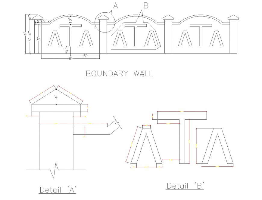 Boundary wall elevation and section plan layout file