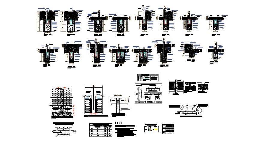 Brick wall, column constructive structure cad drawing details dwg file