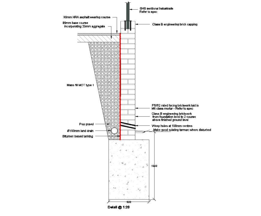 Brick wall and balustrade detail dwg file