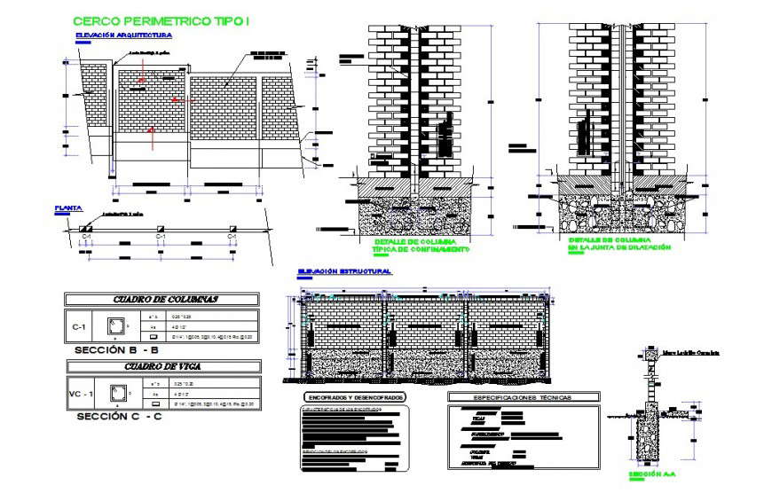 Brick wall elevation and section autocad file