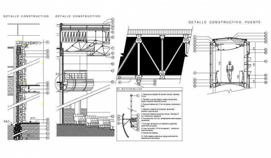 Bridge elevation and side view with constructive detail dwg file