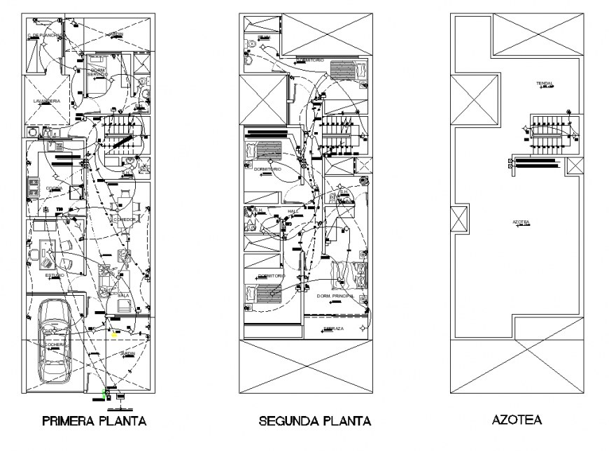 Bungalow structure electrical installation 2d view dwg file