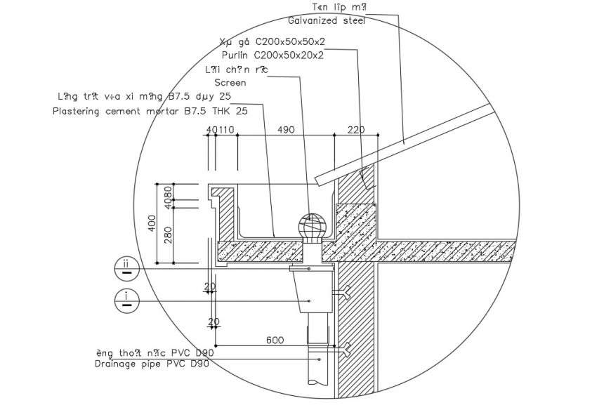 CAD drawings detailing of roof structure 2d view dwg file