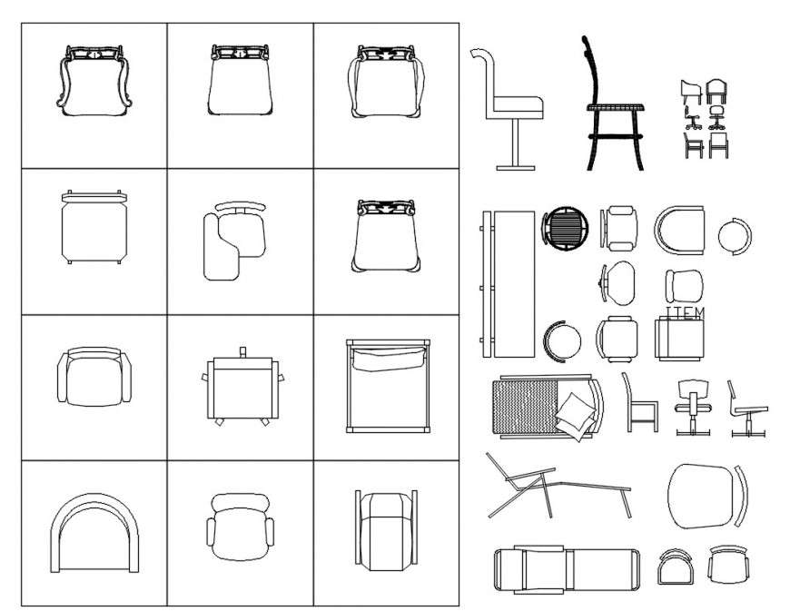 CAd drawings details  of types of top view of chairs