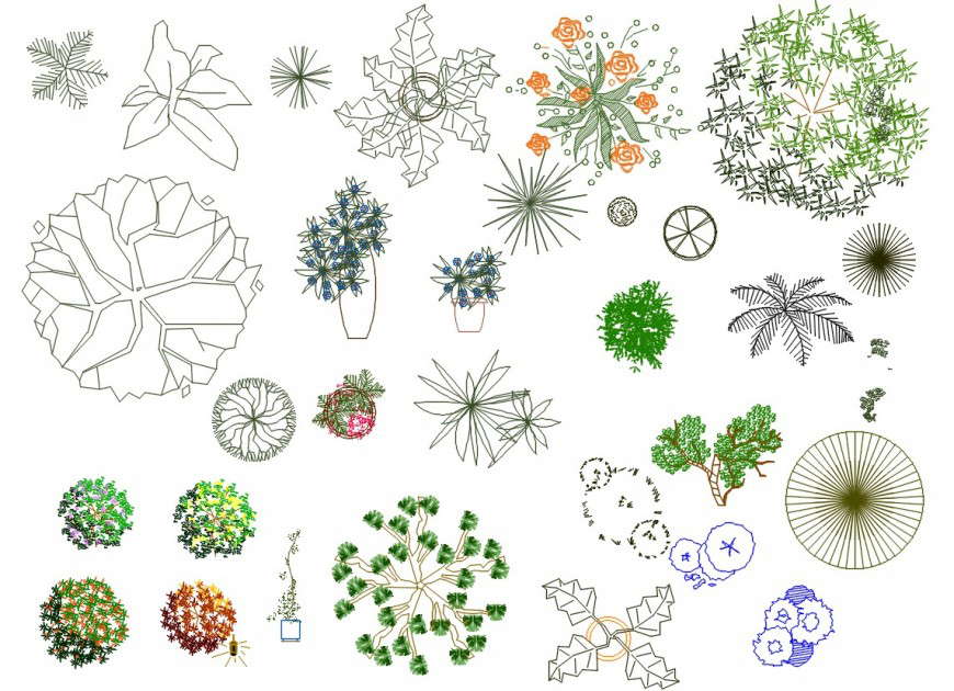 Cad drawings details of   green top view of flower pots