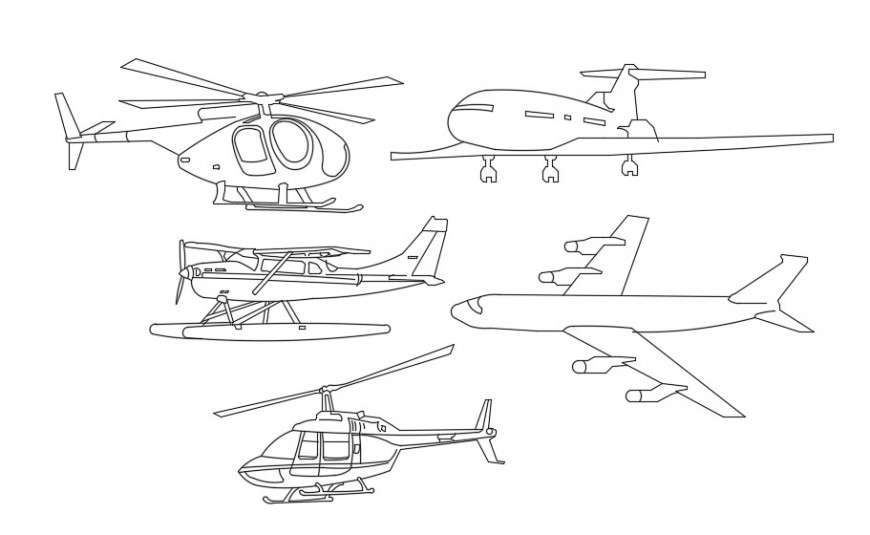 CAd drawings details of  side  elevation of helicopter and aeroplane