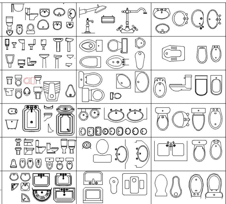 Cad drawings details of  top  view of curved closets in bathroom