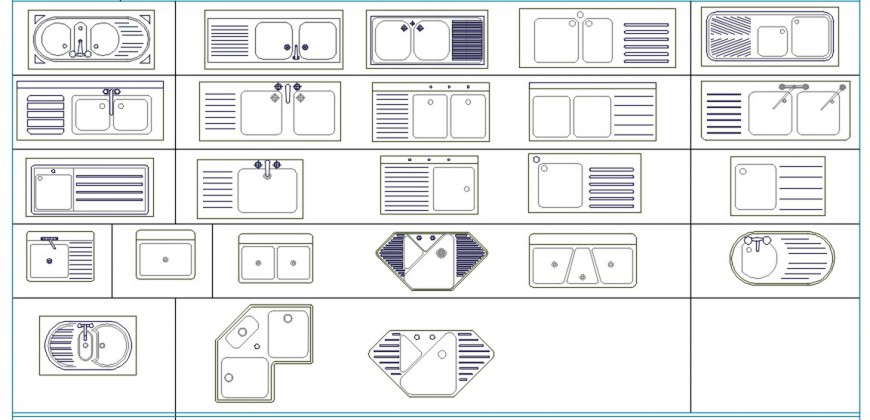 Cad drawings details of  top  view of styles of wash basins