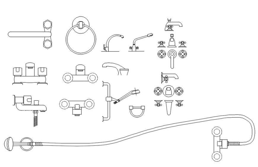 Cad drawings details of  top  view of types of faucets for washbasins