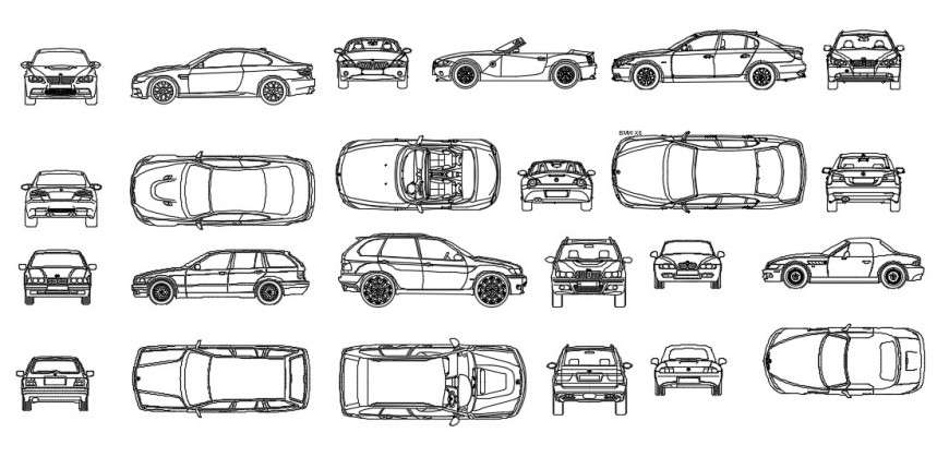CAd drawings details of  top  and back elevation of BMW  cars