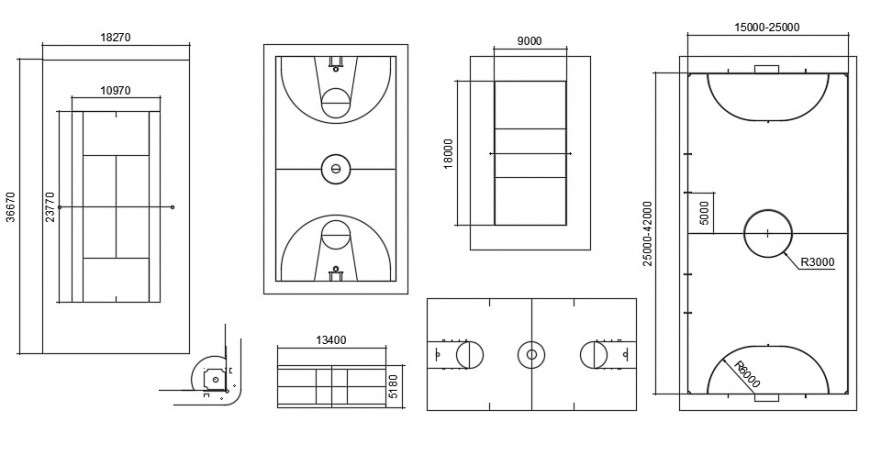 CAd drawings details of  top elevation  of courts and fields with dimension
