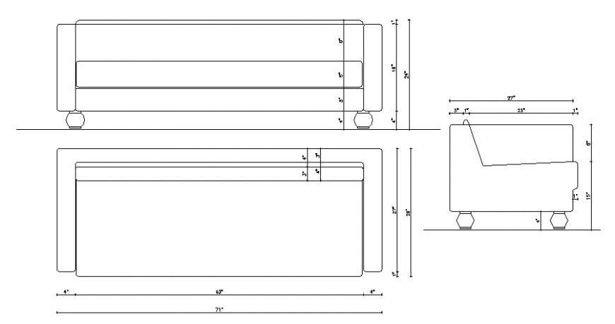 Cad drawings details of  top view of sofa three seater with three elevation