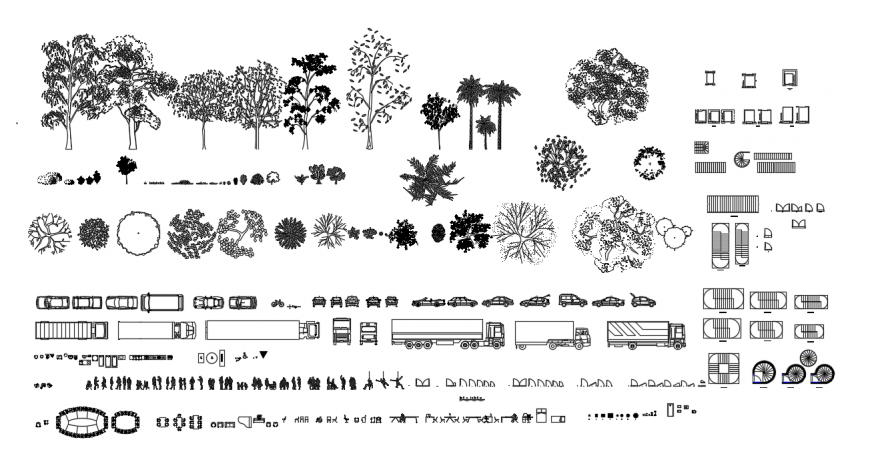 Cad drawings details of  trees blocks and long vehicle