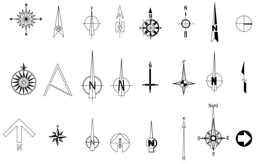 CAd drawings details of  north symbol compass