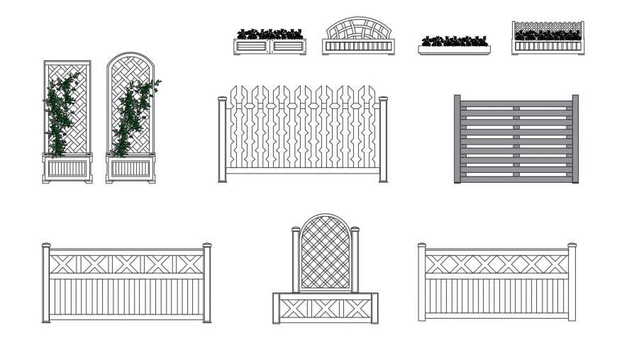 CAd drawings details of flower  beds and fences styling pattern