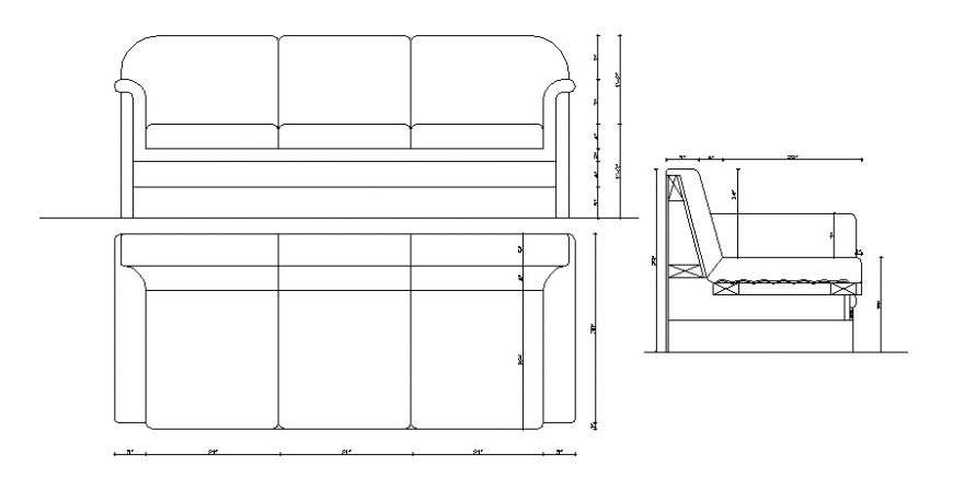 CAd drawings details of front and top  view of sofa three seaters with three elevation