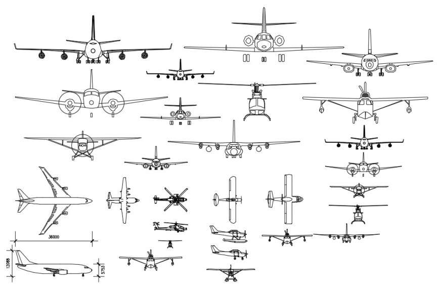 CAd drawings details of front and top  elevation of aeroplane