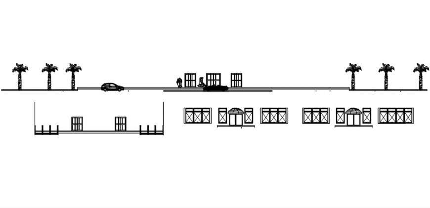 Cad drawings details of front view of doors and trees