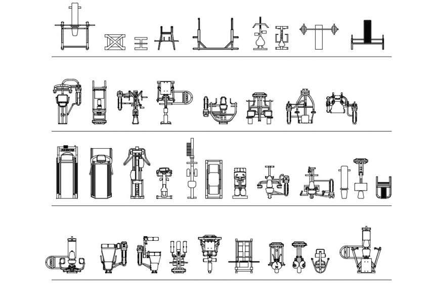 CAd drawings details of gym equipment with different types of the gym  