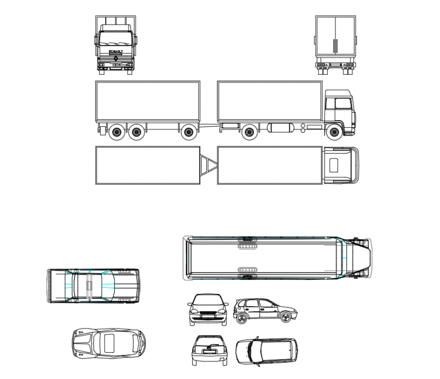 CAD drawings details of luxury cars and truck and ships and van