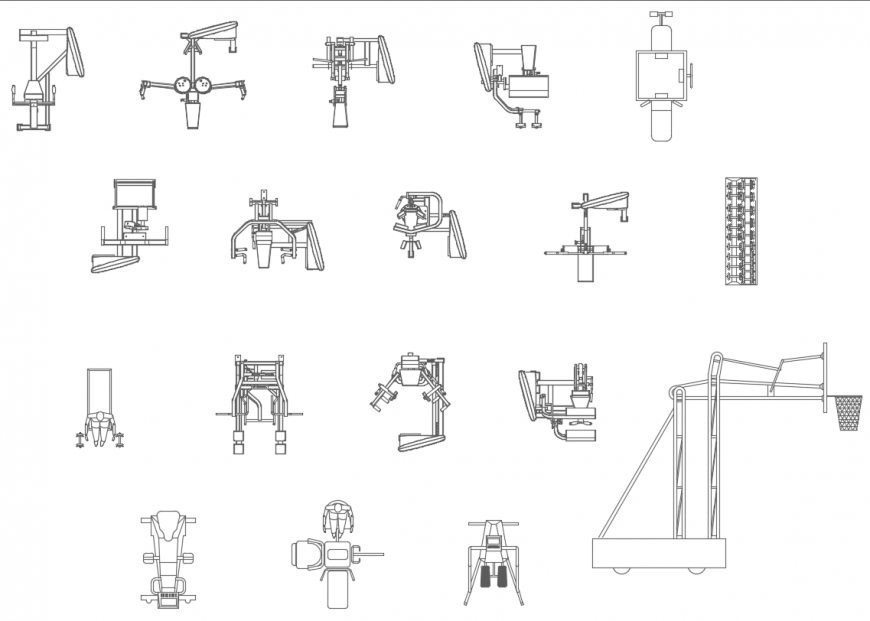 Cad drawings details of pull-ups, chest press equipment