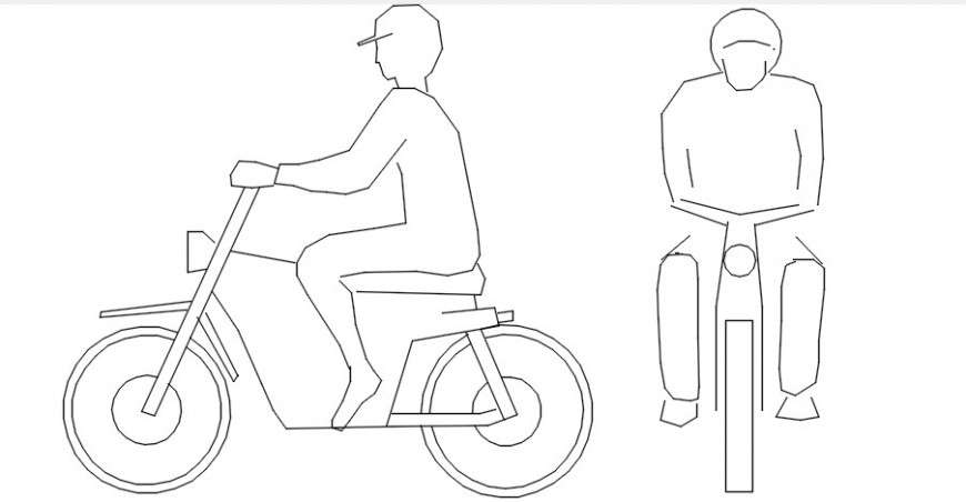 Cad drawings details of side view of two boys riding  two-wheeler  