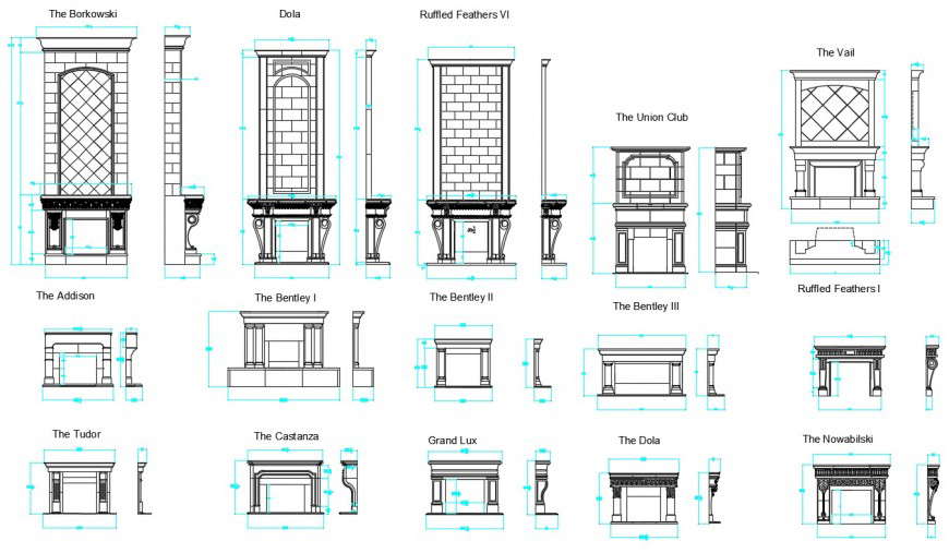 CAd drawings details of the front elevation of grand lux, the dola, and the Bentley