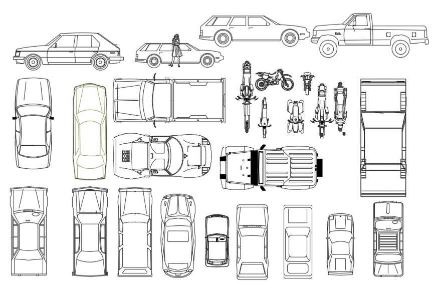 CAd drawings details of the top elevation of cars and bikes