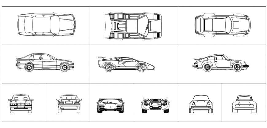 Cad drawings details of top view of   types of car elevation   