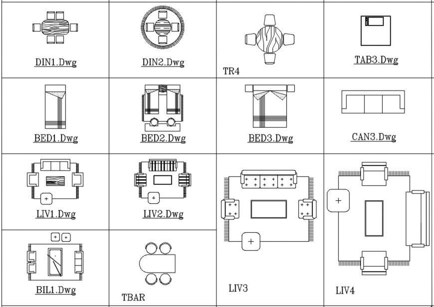 Cad drawings details of top view of bed,dining table and sofa   