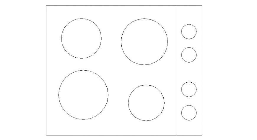 CAD drawings details of top view of four unit gas stove