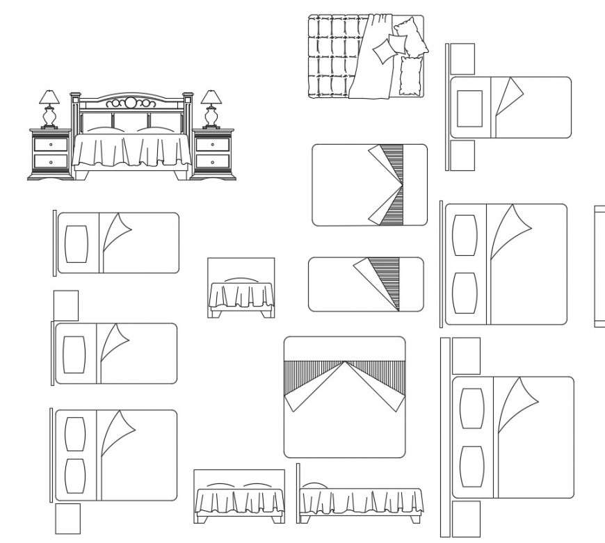 CAd drawings details of various kinds of comfort bed with side table