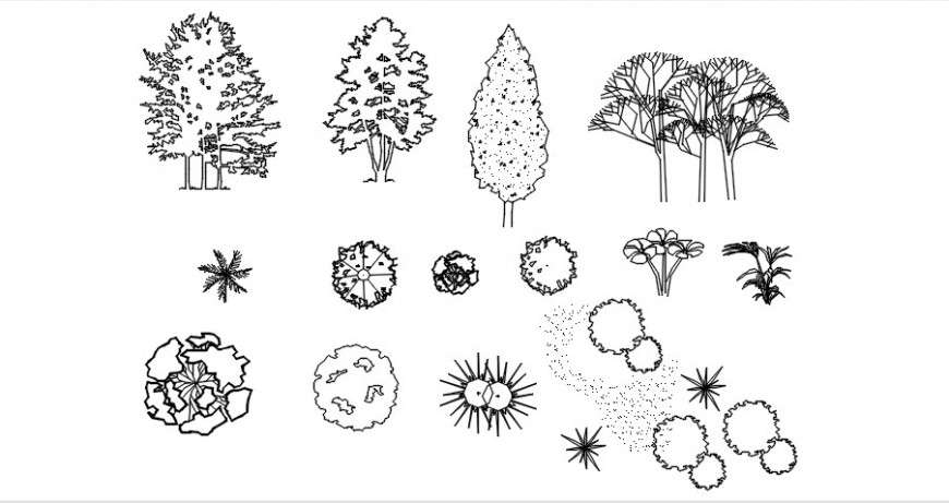 CAd drawings details of various kinds of tree types of shredded top trees 