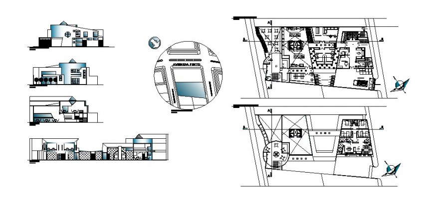 Cake shop all sided elevation, section and distribution plan cad drawing details dwg file