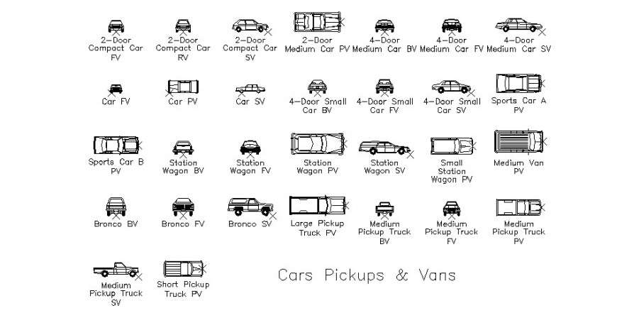 Car pickups and vans details elevation drawing in autocad