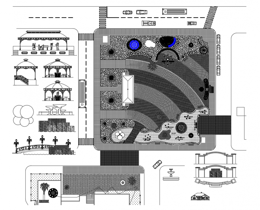 City theme park landscaping structure and garden equipment details dwg file
