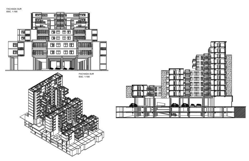 Collective housing building main elevation and isometric elevation and basement section cad drawing details dwg file