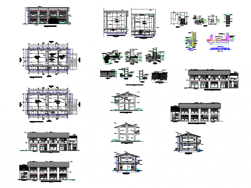 College building elevations, sections, floor plan, construction and structure details dwg file