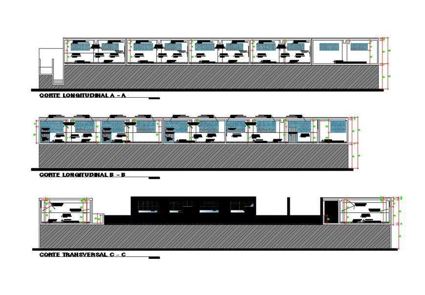 College building longitudinal and transverse sectional details dwg file